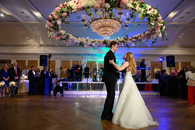 floral chandelier, unique reception decor, plants n petals, pink, white, cream, greenery, bride, groom, first dance