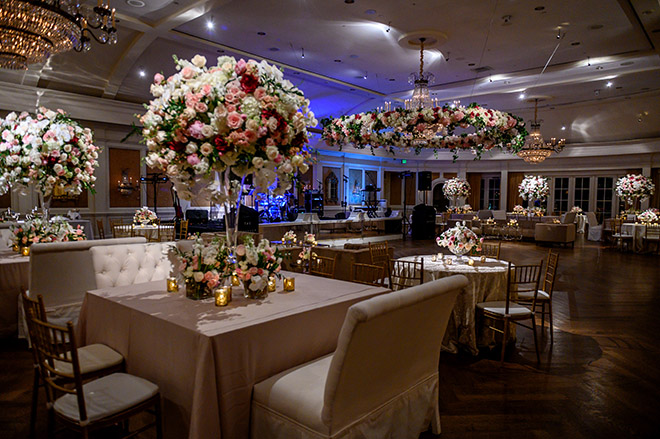 country club, reception decor, plants n petals, tall wedding centerpieces, floral centerpieces, white, cream, pink