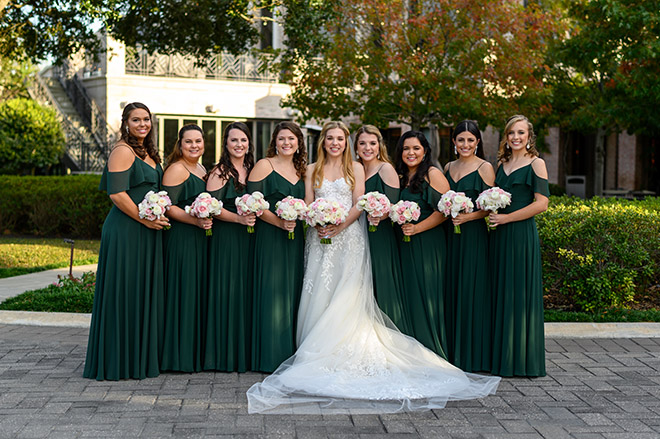 long veil, bridal gown, strapless, floral embroidery, bridal party, bridesmaids, bride tribe, green bridesmaids dresses, off the shoulder, bridal bouquet, pink, white