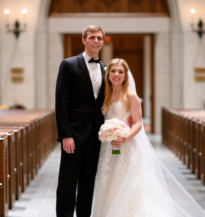 classic wedding, couple portrait, bridal bouquet, groom's suit, black, bowtie, pink, white, creams