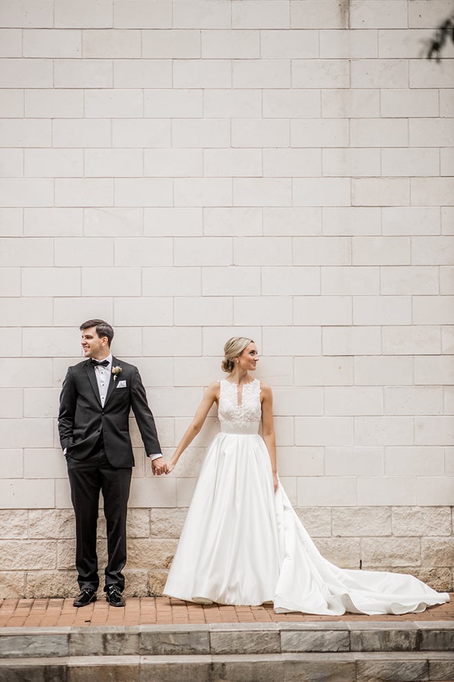 sleeveless bridal gown, groom, bridal up-do, janelle alexis salon, groom's suit, bowtie, elegant, couple portraits