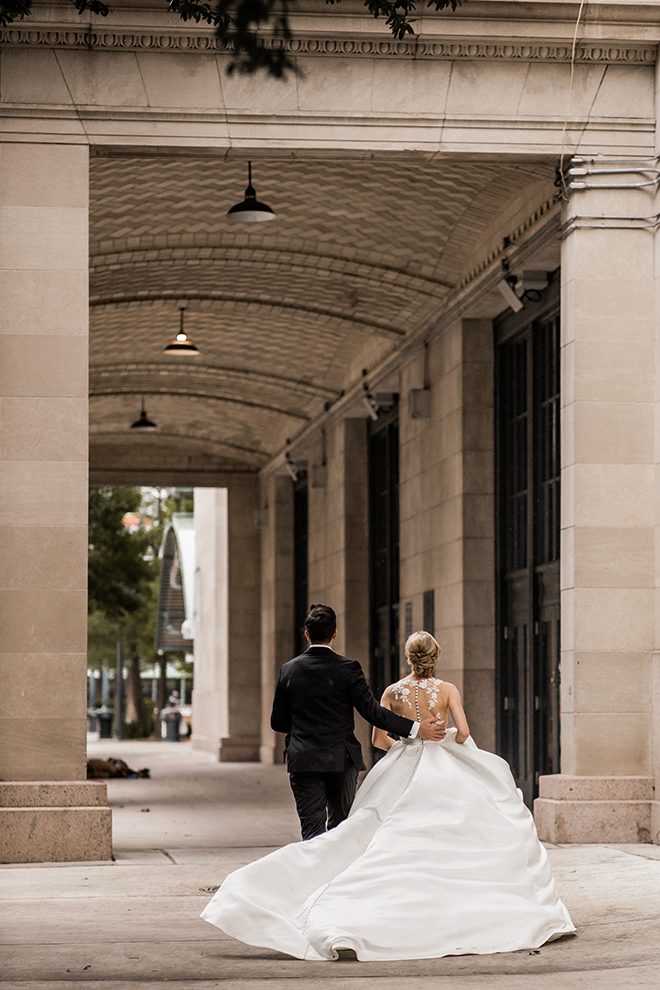 sleeveless bridal gown, groom, bridal up-do, janelle alexis salon, groom's suit, bowtie, elegant, couple portraits