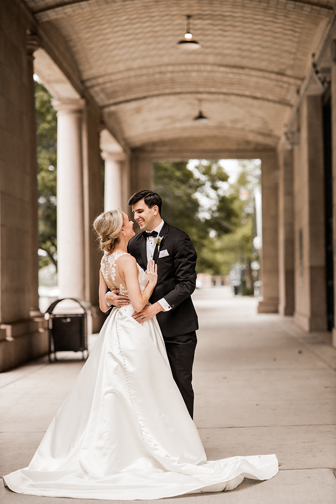 sleeveless bridal gown, groom, bridal up-do, janelle alexis salon, groom's suit, bowtie, elegant, couple portraits