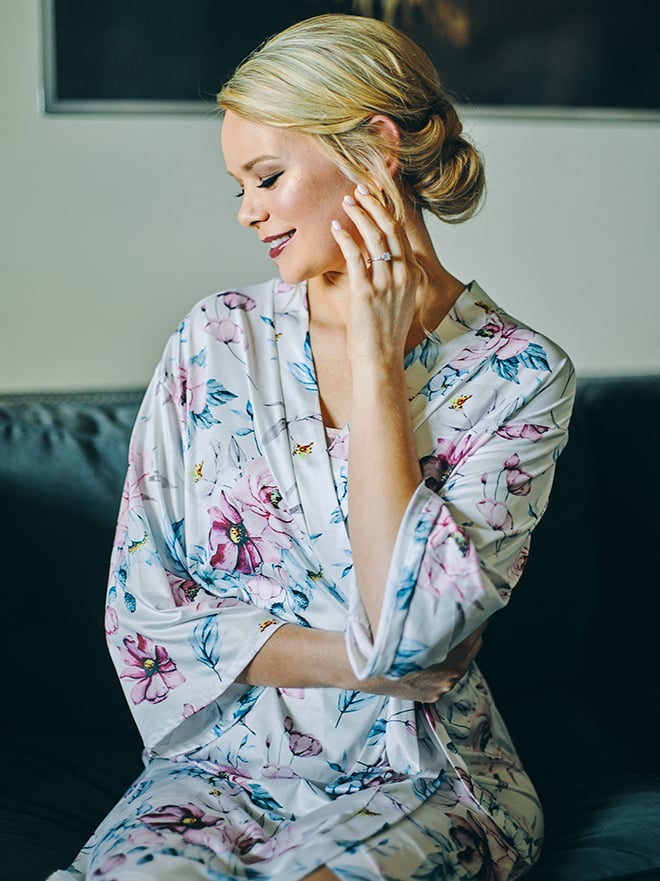 getting ready, bridal portrait, elegant, updo, blonde, bridal robe