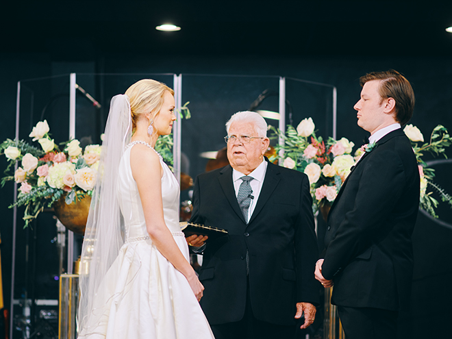 church ceremony, long veil, intimate, bridal gown