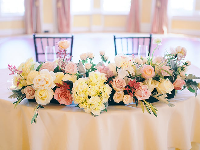 sage, pink, green, peach, creams, sweethears table, his her table, peach linens, flowers