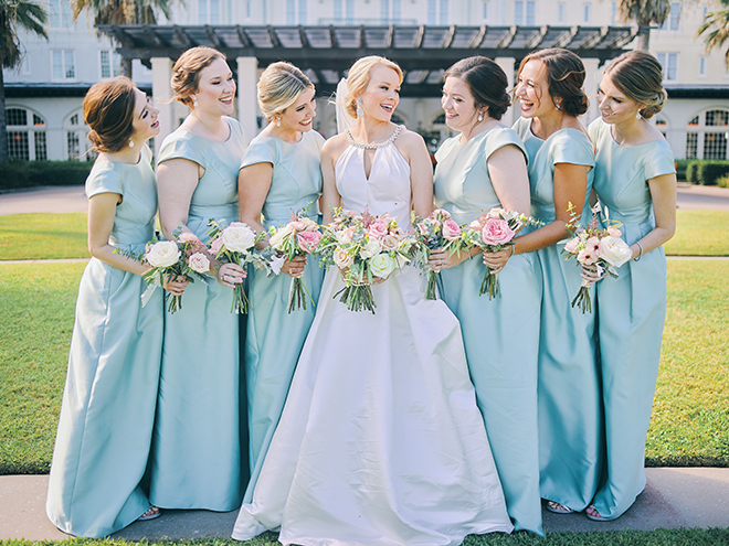 blue bridesmaids dresses, wedding bouquet, pink, peach, sage, creams, 