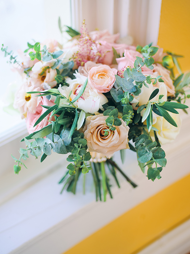 wedding bouquet, pink, peach, sage, creams, roses, greenery