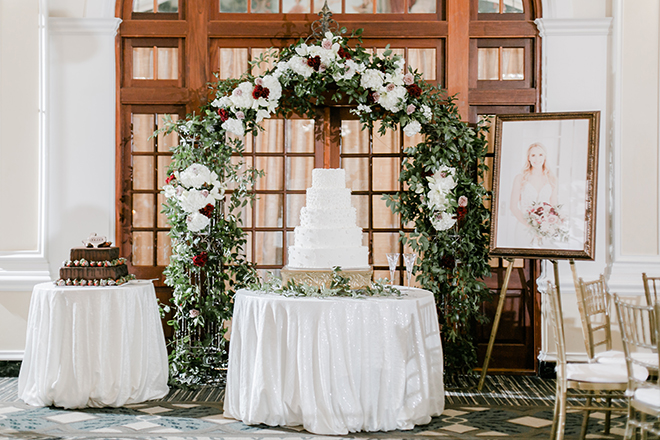 cake display, ceremony altar, floral arch, wedding cake, groom's cake, white, chocolate