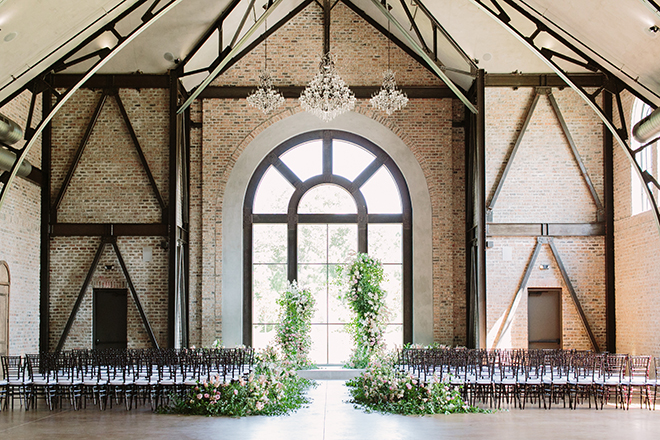 white roses, fairytale wedding, greenery, iron manor, plants n petals, plants n petals, ceremony decor, on site chapel, asymmetrical floral altar, arch 