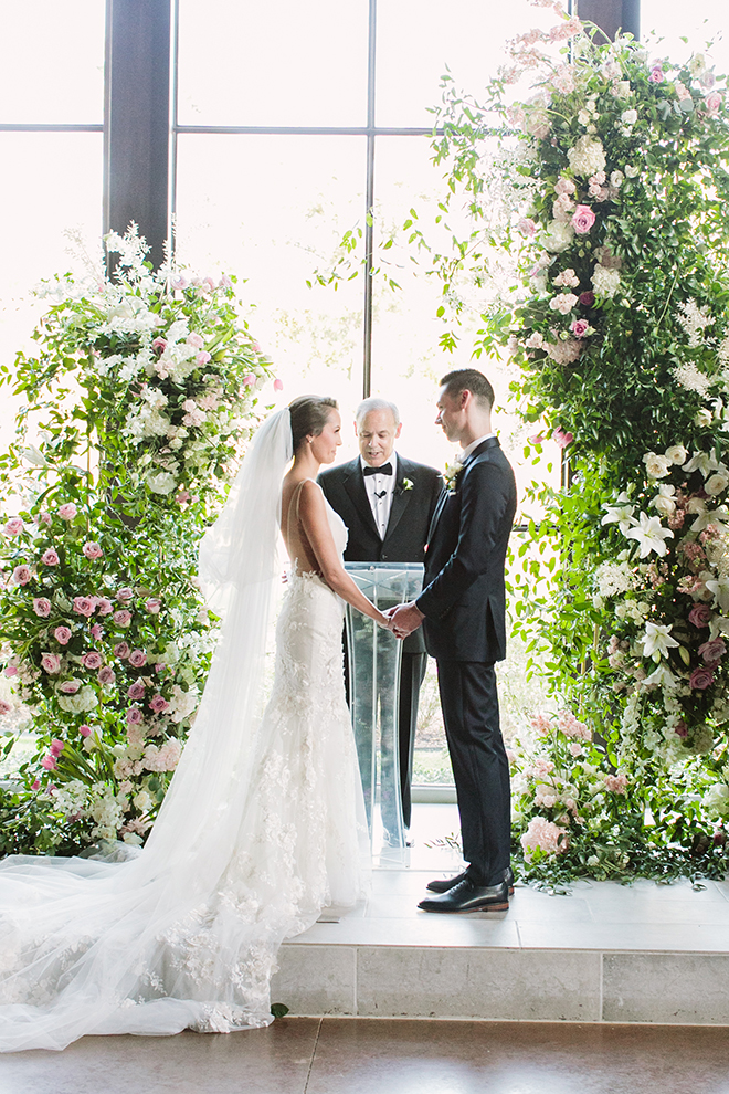 white roses, fairytale wedding, greenery, iron manor, plants n petals, plants n petals, ceremony decor, on site chapel, asymmetrical floral altar, arch 