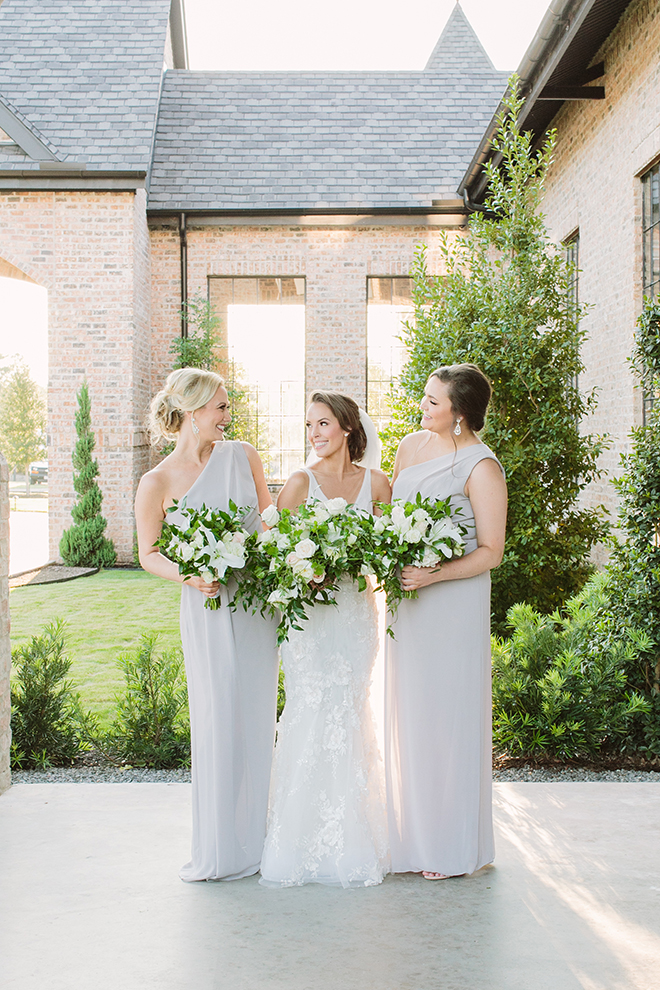 white roses, greenery, iron manor, plants n petals, plants n petals, bridesmaids, bride tribe, gray bridesmaids dresses, bridal bouquet