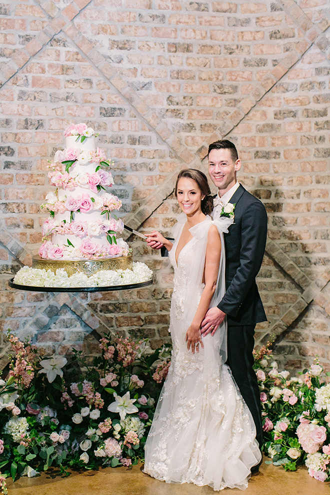 wedding cake, white, pink, blush, flower accents, five tier, bride, groom