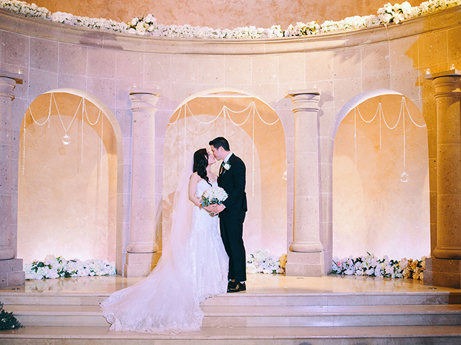 bride, groom, ceremony decor, bridal bouquet, on site chapel, bell tower on 34th, white flowers