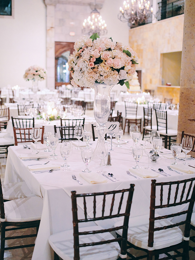 dreamy, european inspired wedding, bell tower on 34th, white linens, black chiavari chairs, floral centerpiece, blush, white, elegant, classic, wedding table, table setting