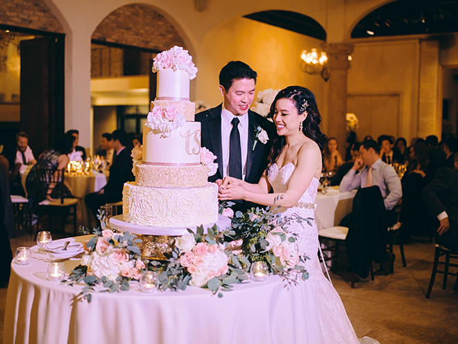 white, gold, blush, wedding cake, flowers, monogram