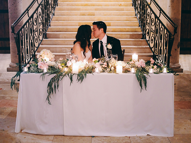 dreamy, european inspired wedding, sweetheart table, his her table, greenery, runner, garland, bride, groom, bell tower on 34th 