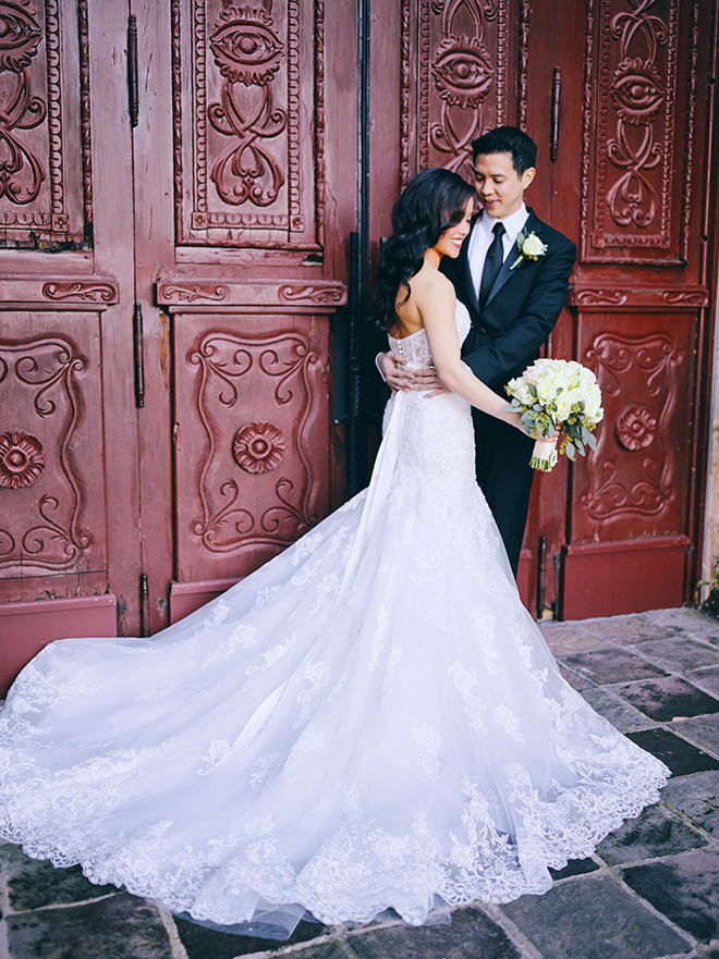 bride, groom, couple portraits, bell tower on 34th, ivy covered wall, unique, bridal gown, groom's suit, bridal bouquet, strapless