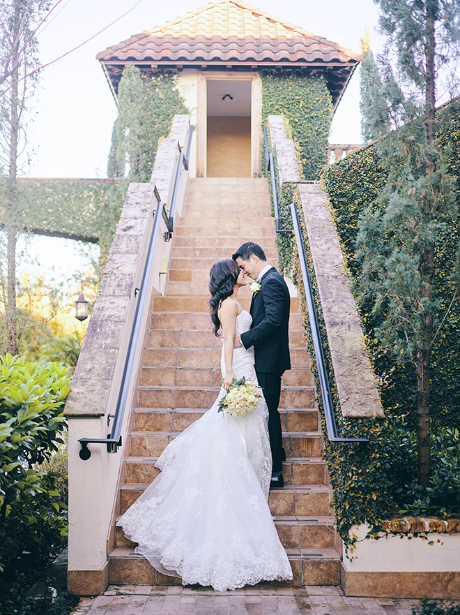 bride, groom, couple portraits, bell tower on 34th, ivy covered wall, unique, bridal gown, groom's suit, bridal bouquet, strapless