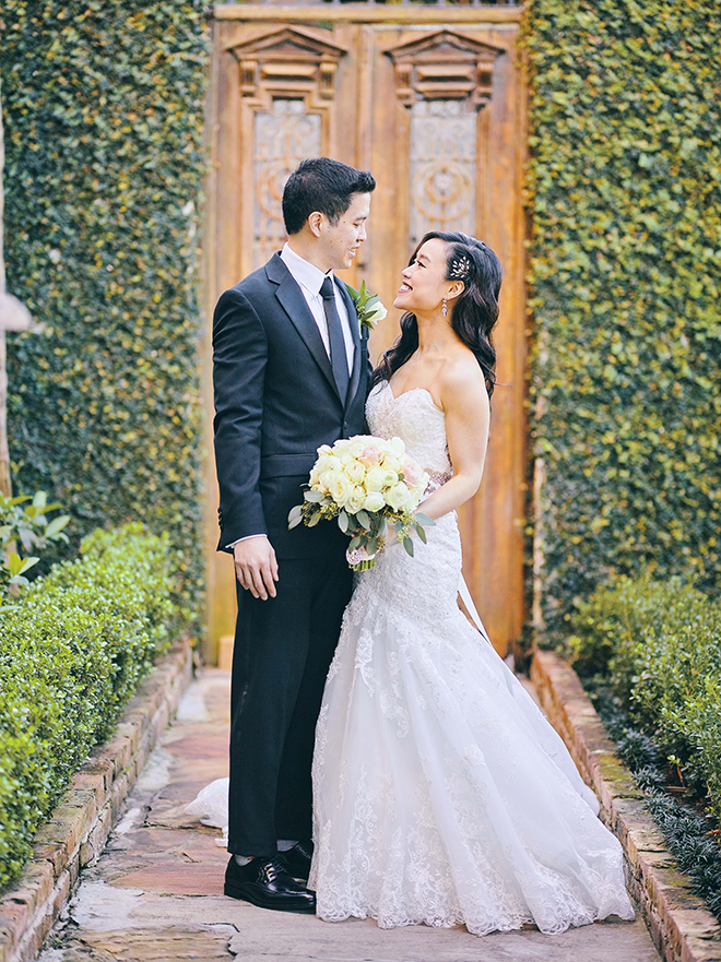 bride, groom, couple portraits, bell tower on 34th, ivy covered wall, unique, bridal gown, groom's suit, bridal bouquet, strapless