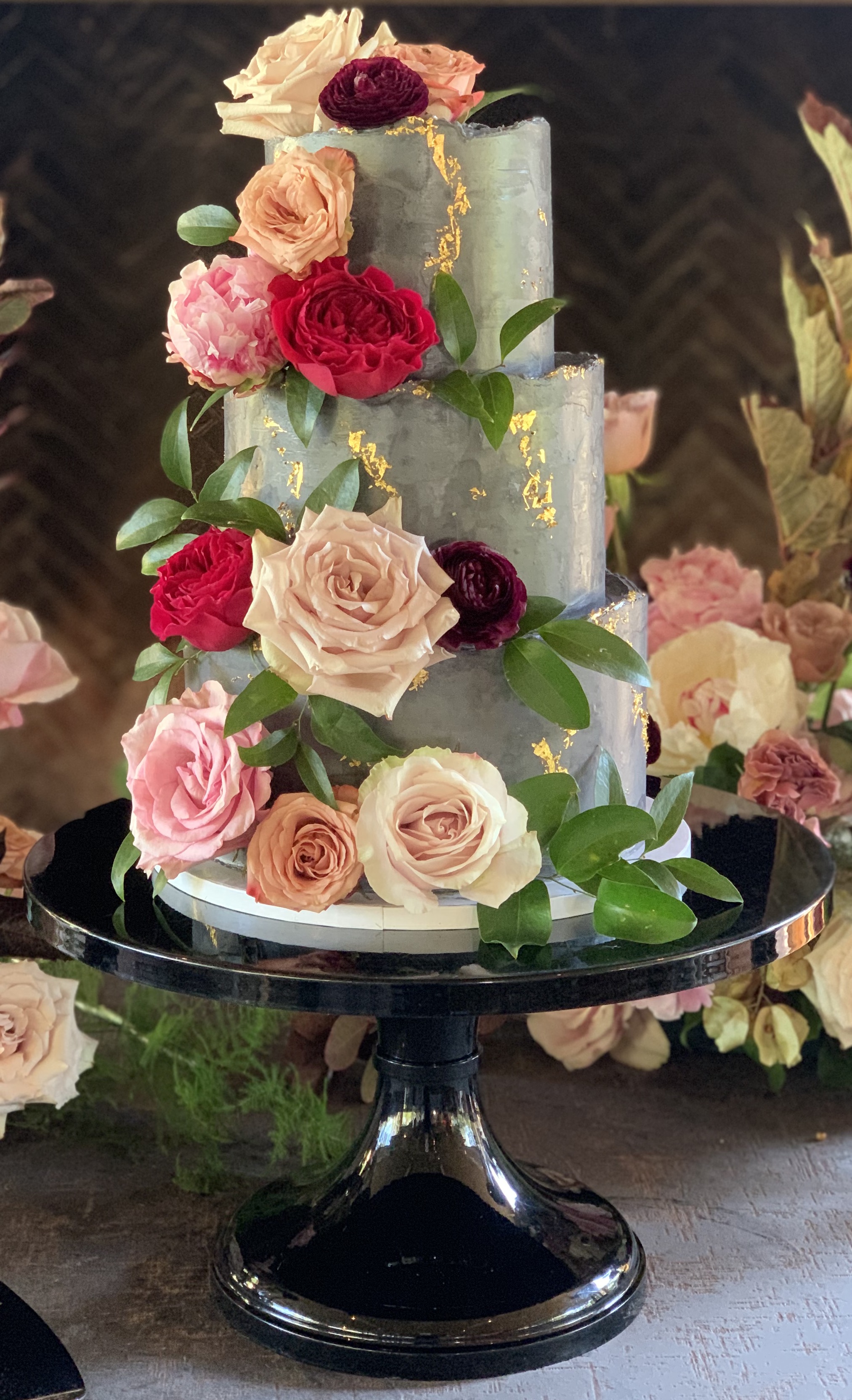 Sage and gold cake with blush and pink roses. 