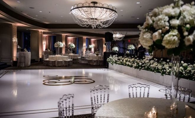 Wedding venue with white florals. 