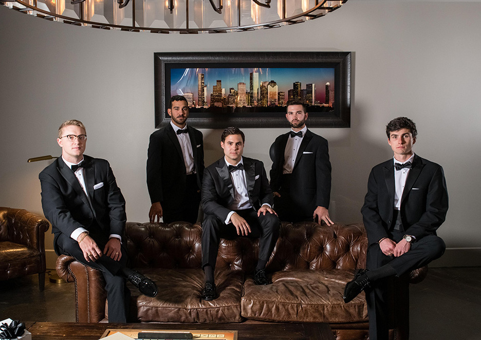 Groom and groomsmen in the Astorias groom lounge. 