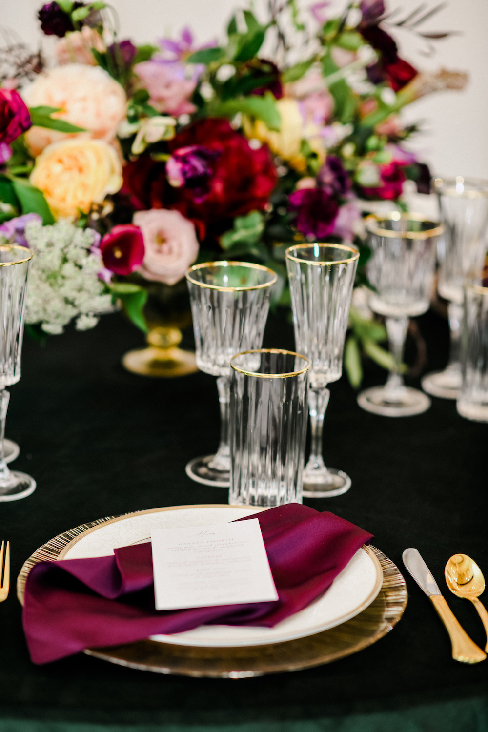 Mauve and green velvet wedding table decor. 