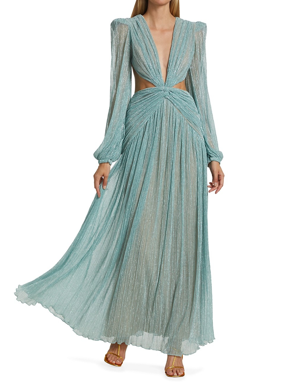 Sea foam green shimmery long sleeve gown for summer.