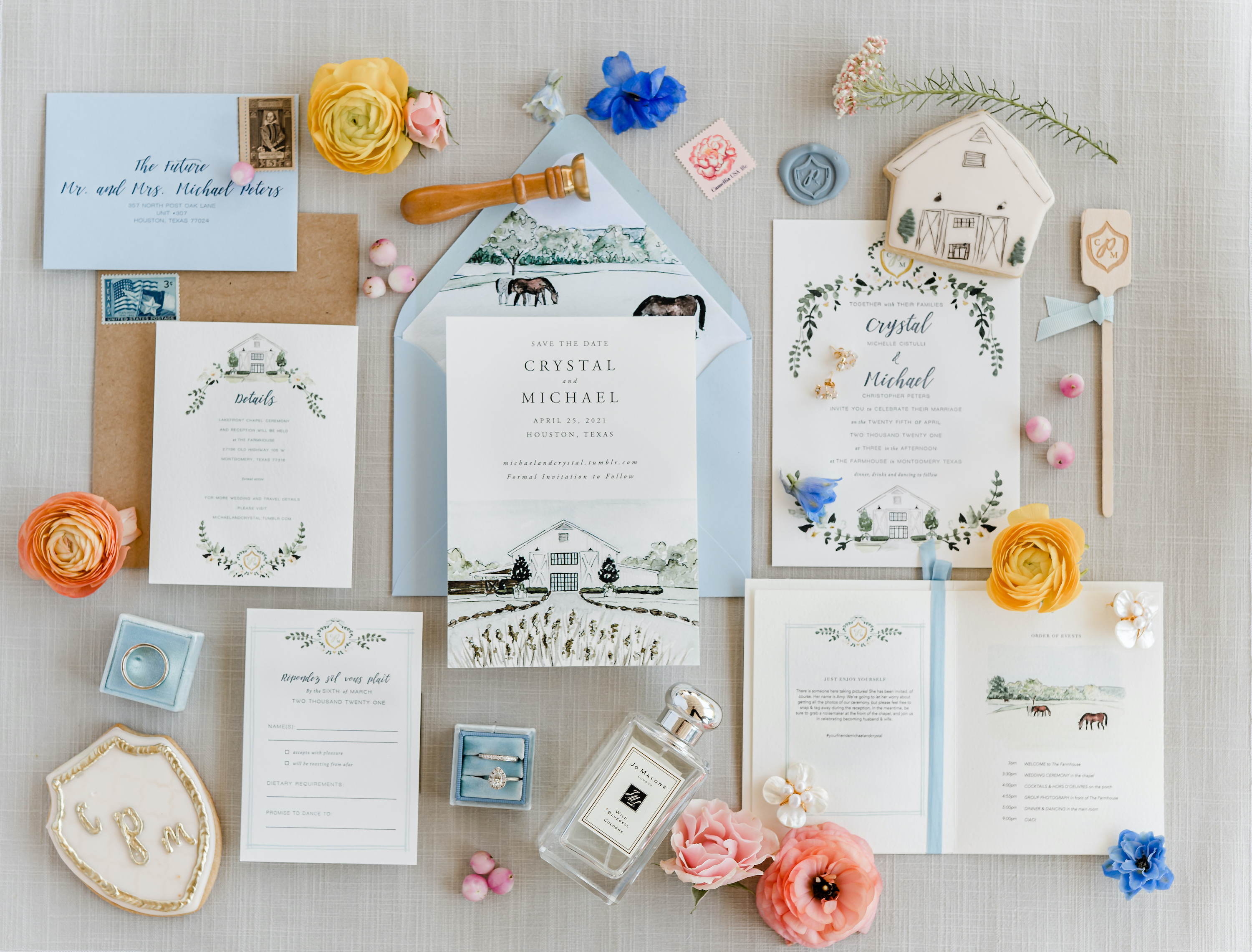 A very colorful flat lay for Crystal and Micheal's friendly wedding.