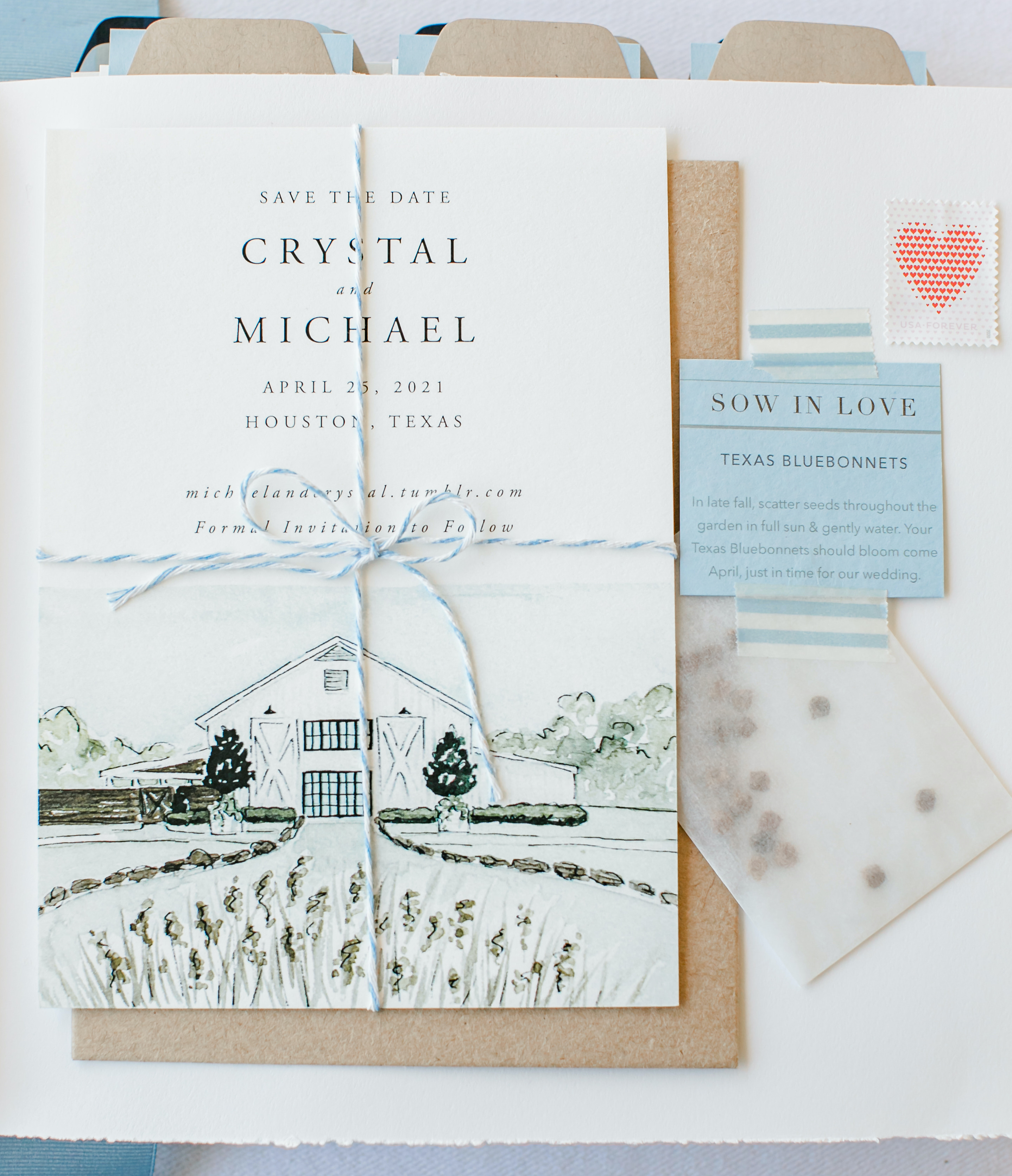 Crystal and Micheal's invitation to their friendly spring wedding.