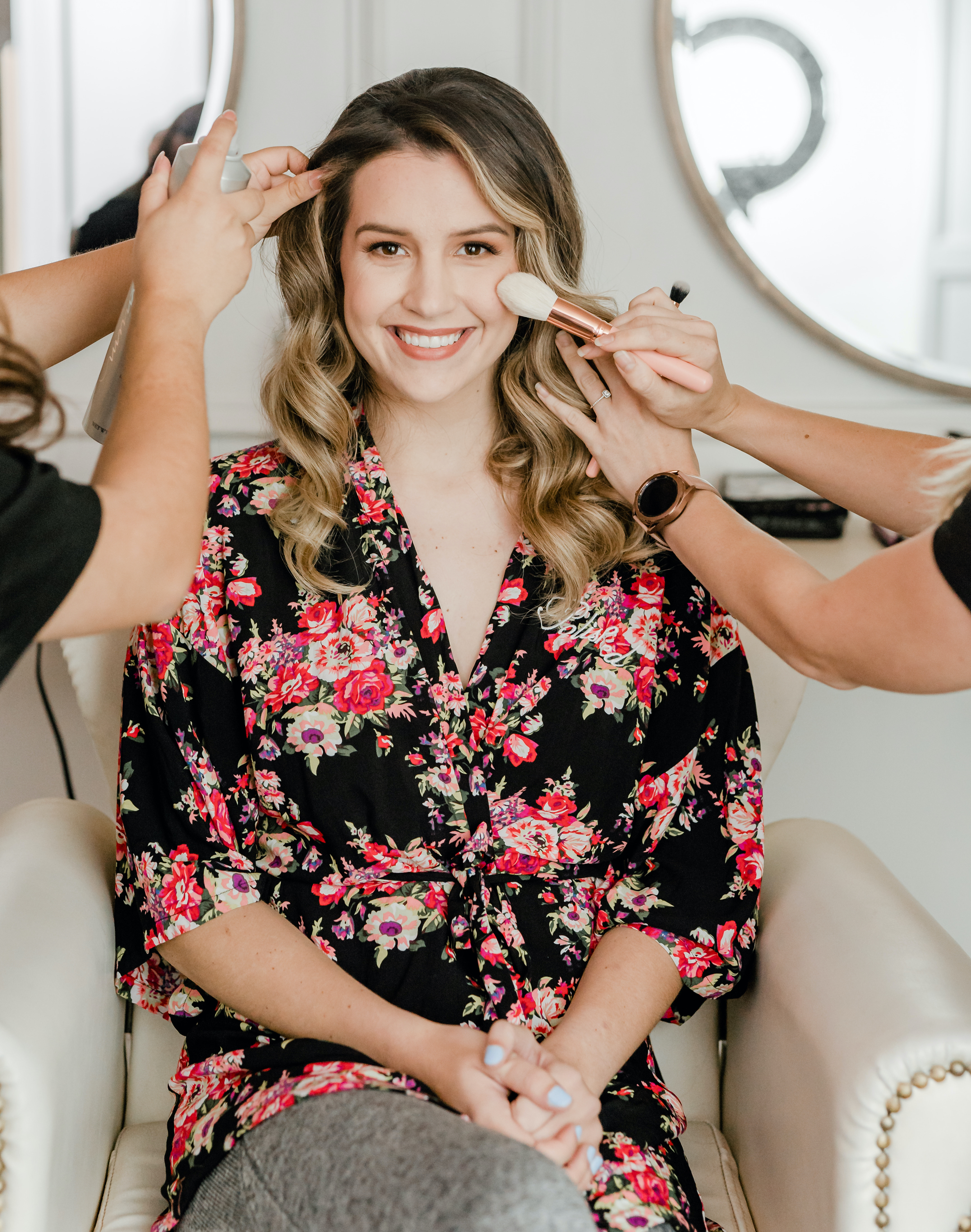 A bride getting her makeup and hair done by a Houston professional, Polished Makeup and Hair.