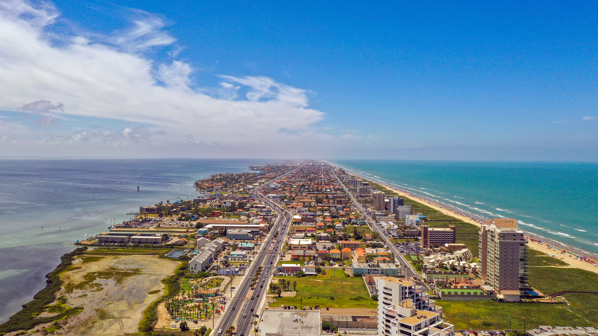 An aerial view of South Padre Island, TX