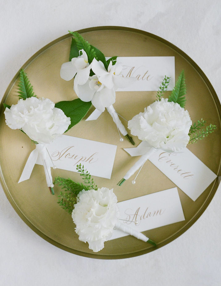 All white boutonnières for a wedding in the Lowcountry.