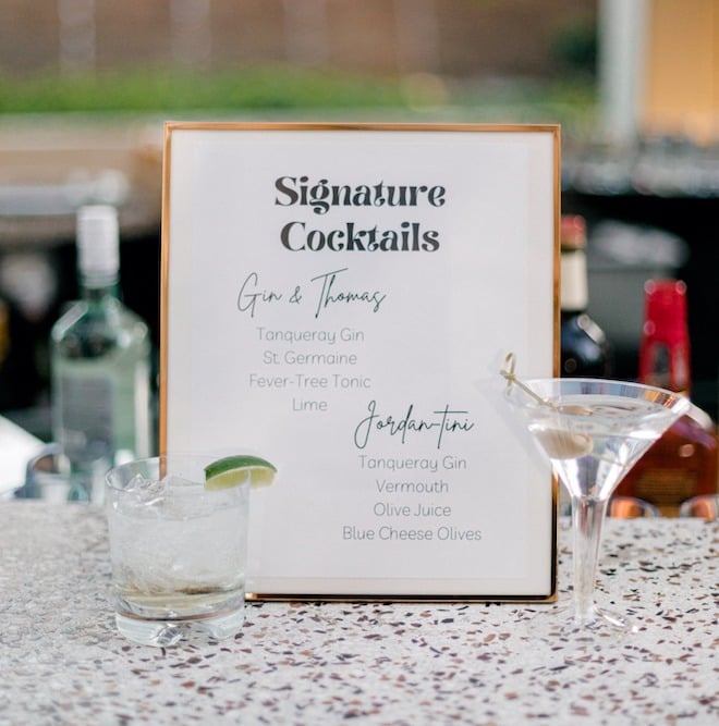 A signature cocktail sign reading "Gin & Thomas" and "Jordantini"