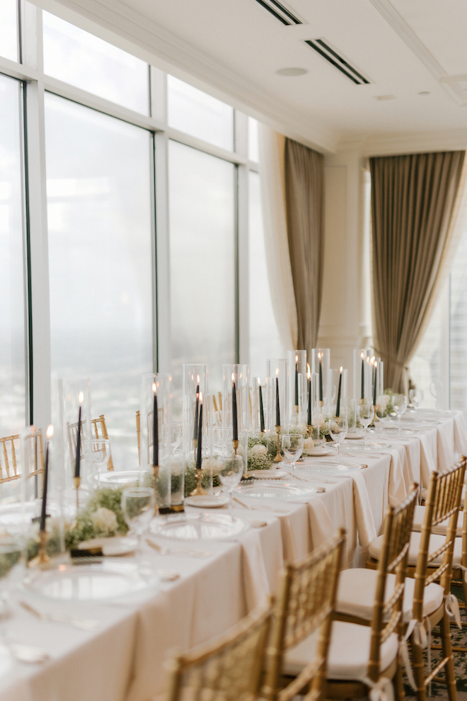 The decorated reception table at the elegant reception at the Petroleum Club of Houston.