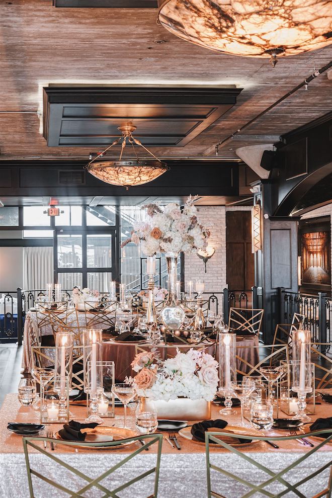 Black champagne and blush wedding reception decor at the Astorian.