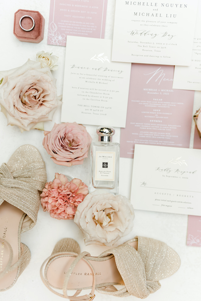 Invitation suite in pink hues and cream.