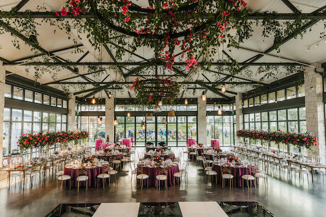 The pavilion decorated for a jewel toned wedding.