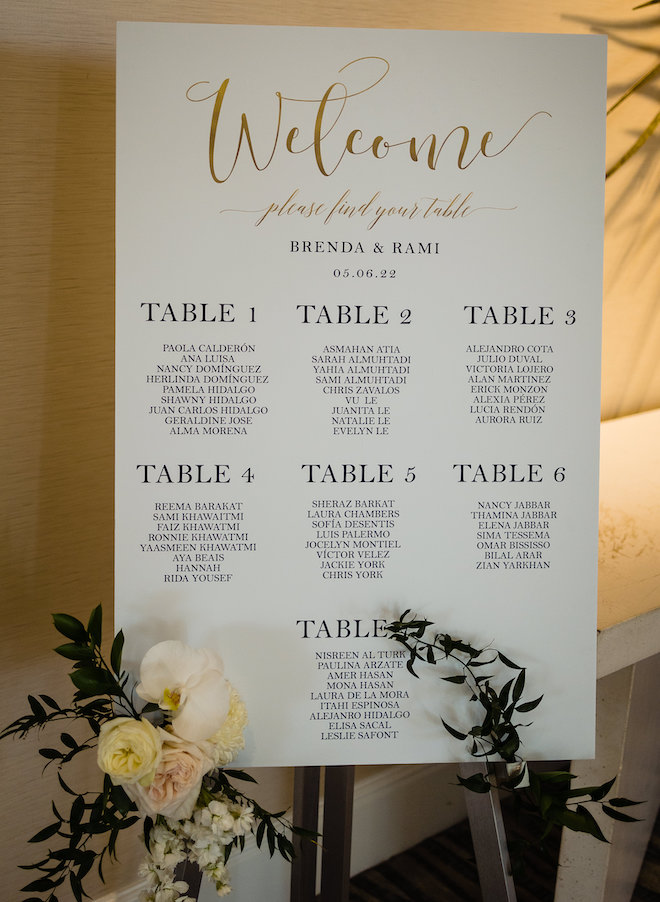 A white table seating chart with gold and black writing. 