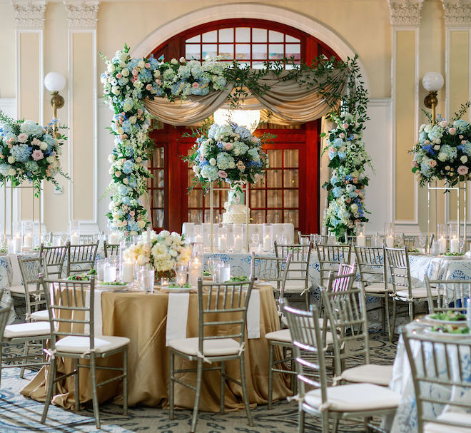 The head table with the cake and A floral centerpieces with blue hydrangeas, pink roses and greenery by Plants N' Petals. 