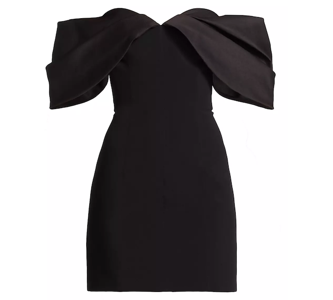 Black off-the-shoulder minidress by Monique Lhuillier.