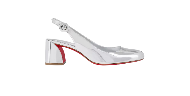 Metallic Mary Jane pumps with a red sole bottom. 