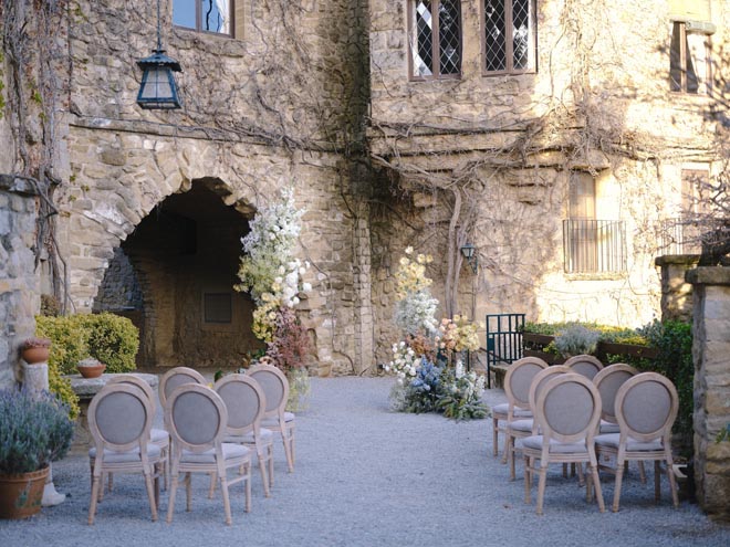 A colorful floral installation in front of La Baronia for the ceremony. 