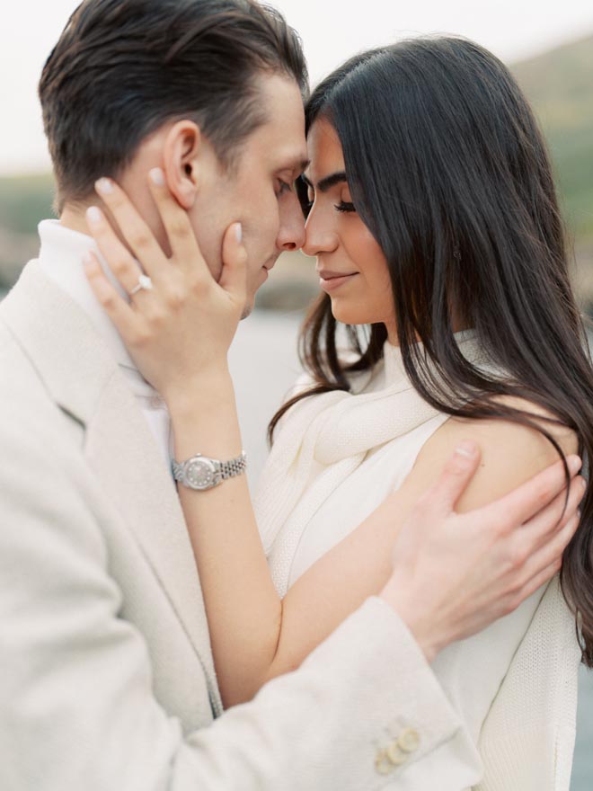 The couple look each other in the eye at their California engagement session. 