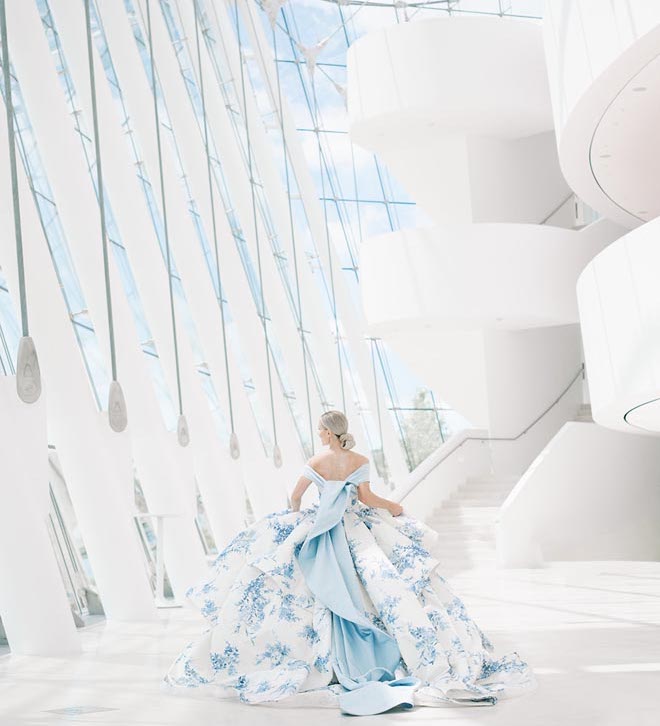 The back of the "Hydrangea" wedding gown. A blue and white floral print ballgown. 