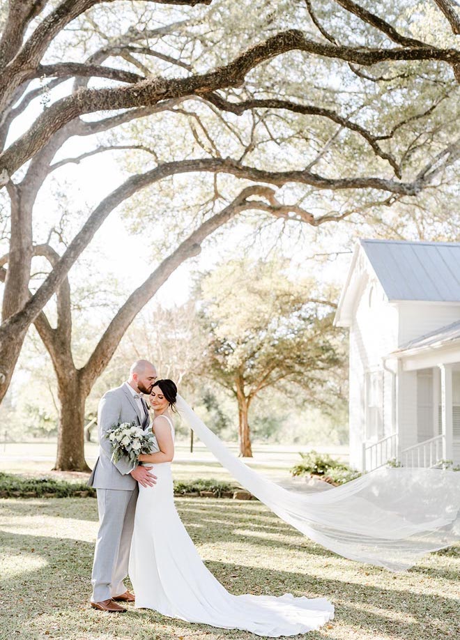 The groom kisses the bride on the cheek under an oak tree.