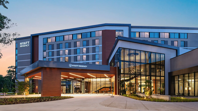 The modern exterior of Hyatt Regency Conroe. 