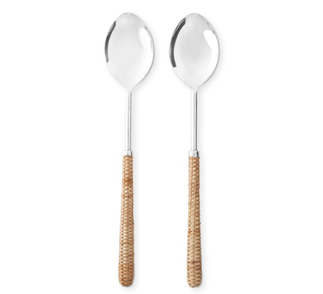 Two light brown woven salad servers. 