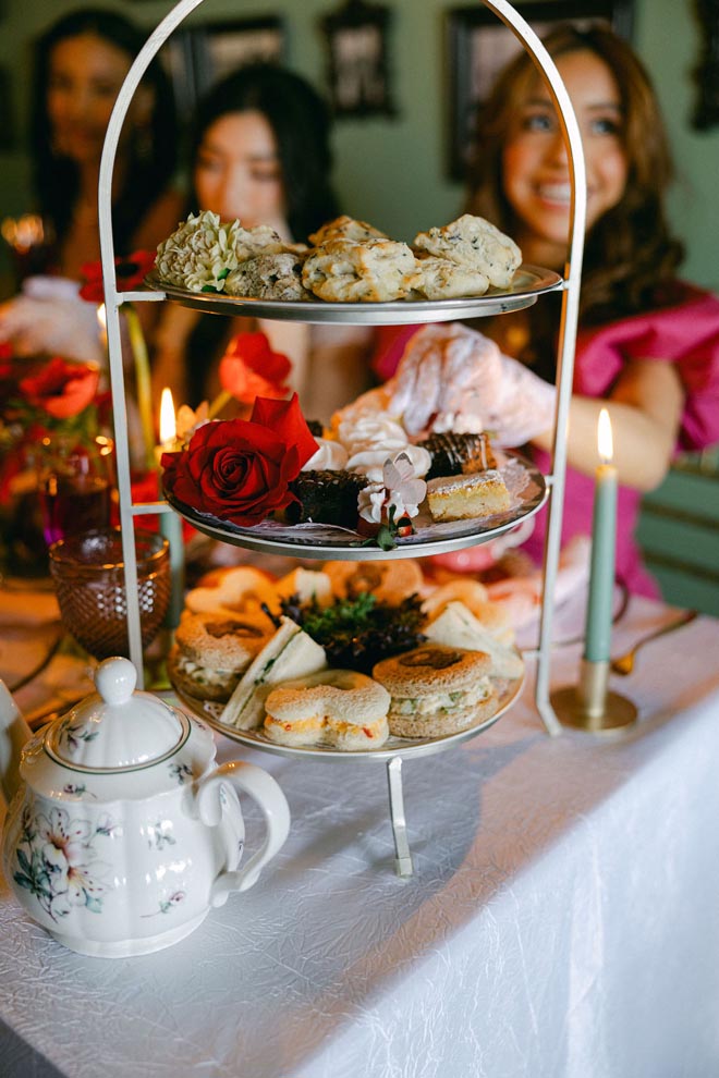 Pastries and treats are served at the vintage bridal shower. 